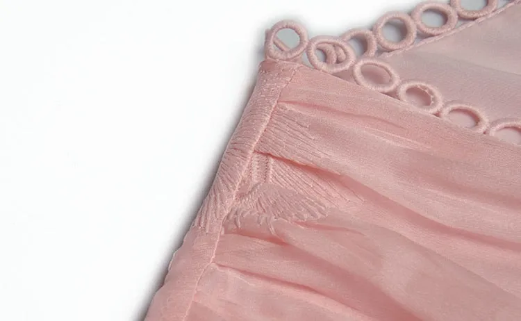 Monique V-neck Flared sleeves High waist Embroidery Long Pink Party Dress