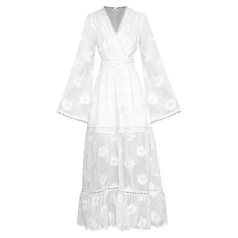 Monique V-neck Flared sleeves High waist Embroidery Long Pink Party Dress