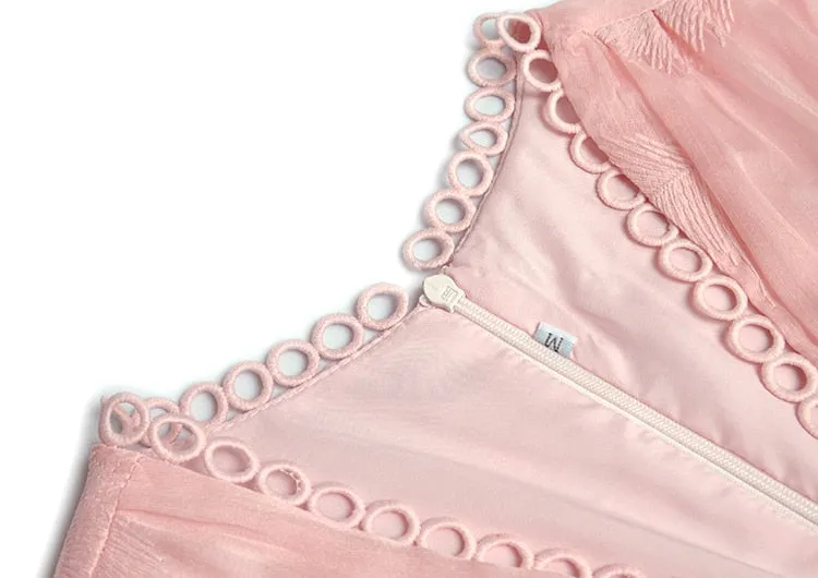 Monique V-neck Flared sleeves High waist Embroidery Long Pink Party Dress