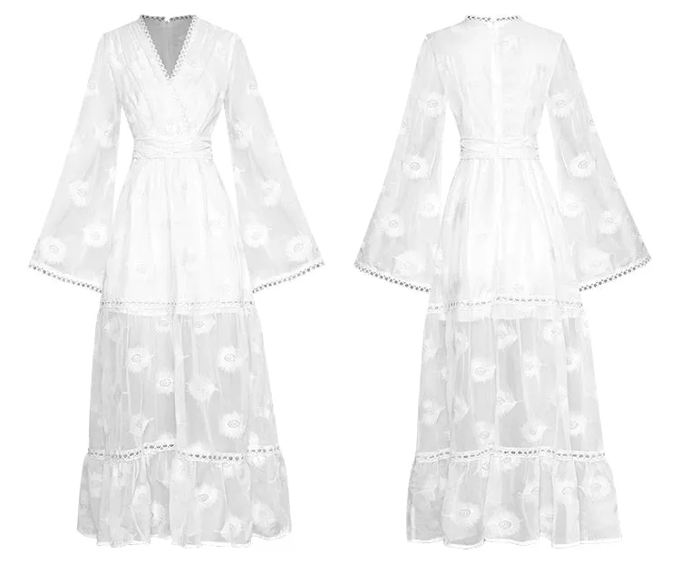 Monique V-neck Flared sleeves High waist Embroidery Long Pink Party Dress