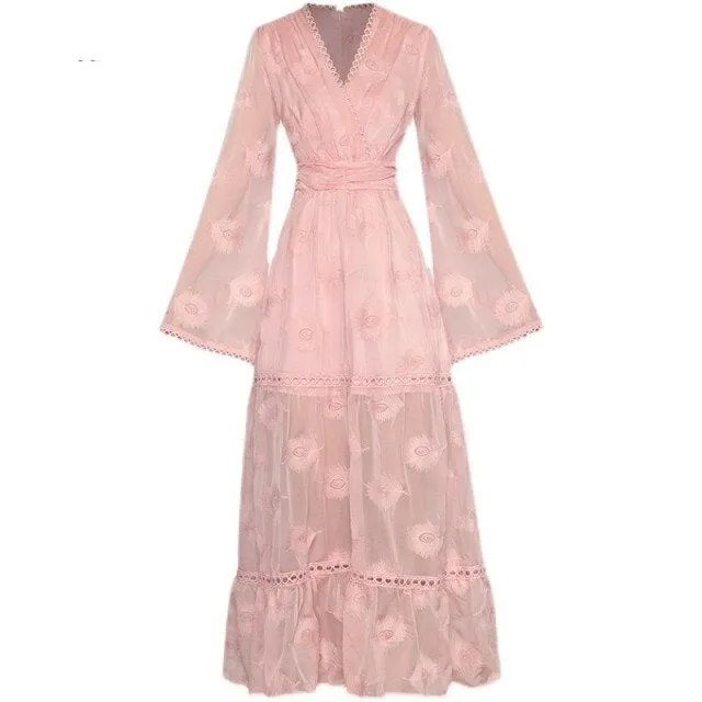 Monique V-neck Flared sleeves High waist Embroidery Long Pink Party Dress