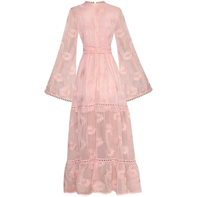 Monique V-neck Flared sleeves High waist Embroidery Long Pink Party Dress