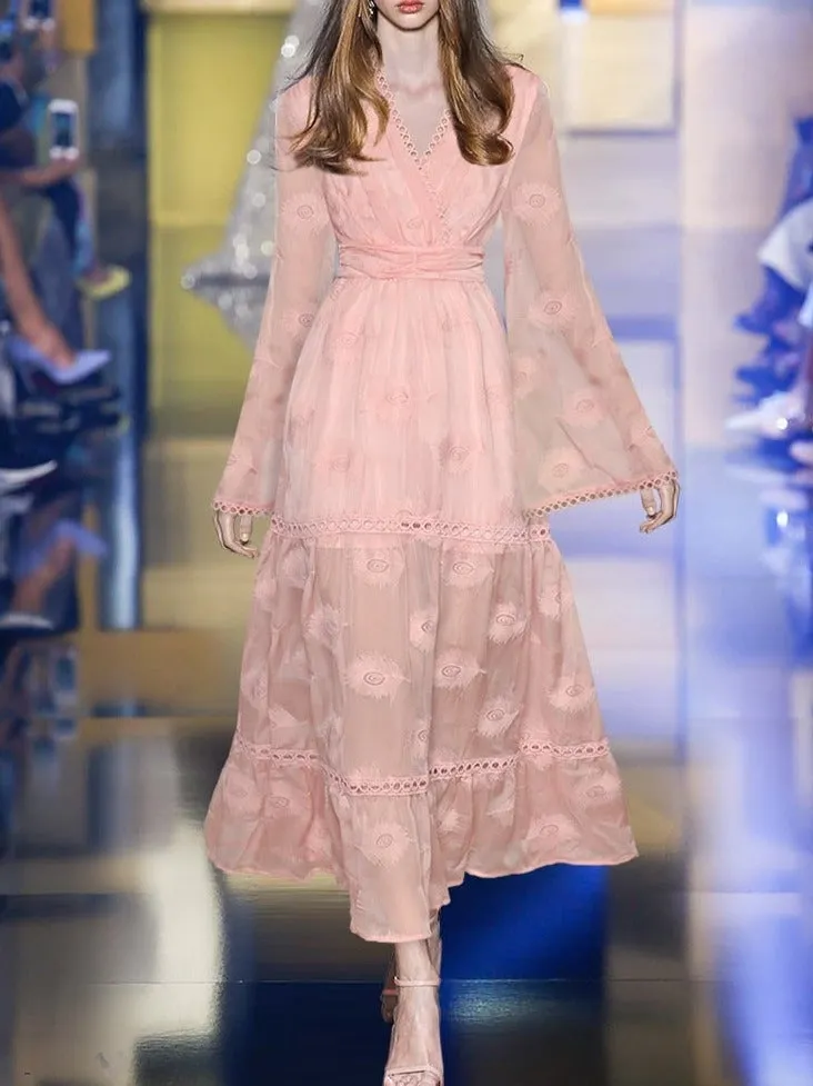 Monique V-neck Flared sleeves High waist Embroidery Long Pink Party Dress
