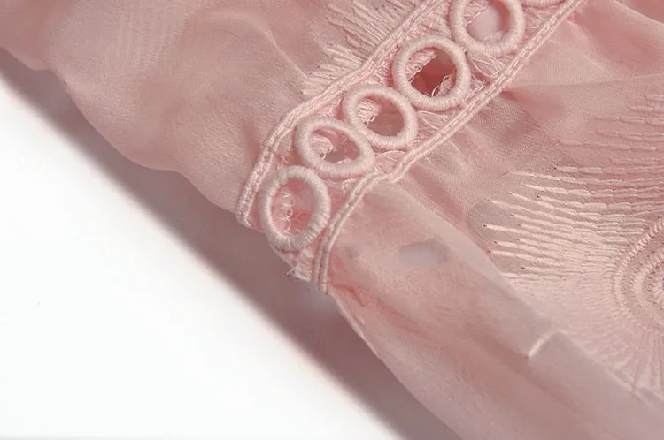 Monique V-neck Flared sleeves High waist Embroidery Long Pink Party Dress