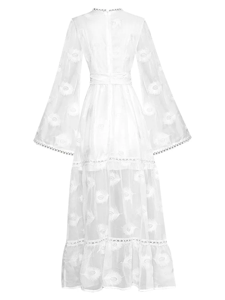 Monique V-neck Flared sleeves High waist Embroidery Long Pink Party Dress