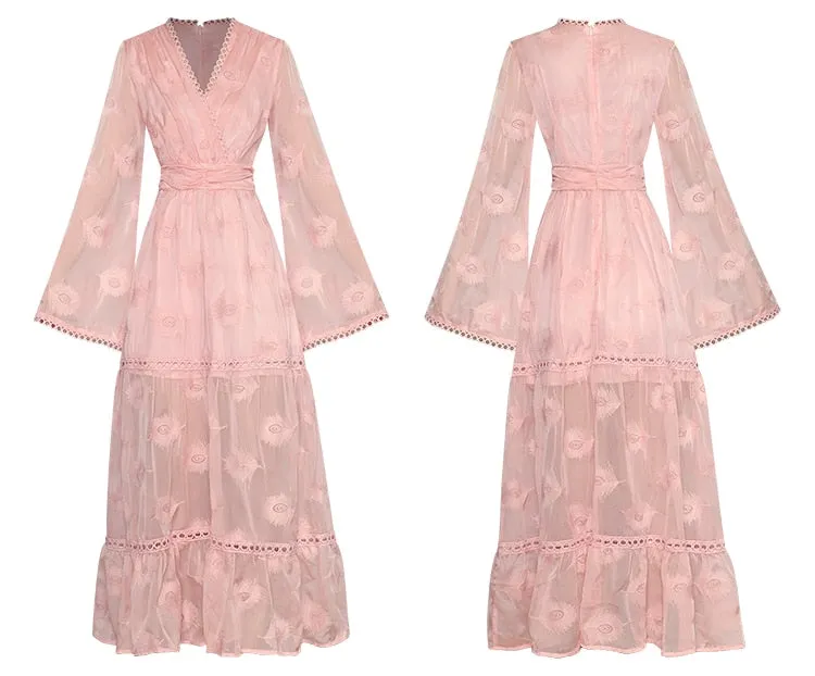 Monique V-neck Flared sleeves High waist Embroidery Long Pink Party Dress