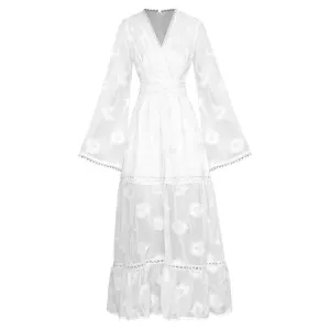 Monique V-neck Flared sleeves High waist Embroidery Long Pink Party Dress