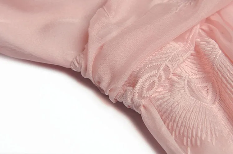 Monique V-neck Flared sleeves High waist Embroidery Long Pink Party Dress