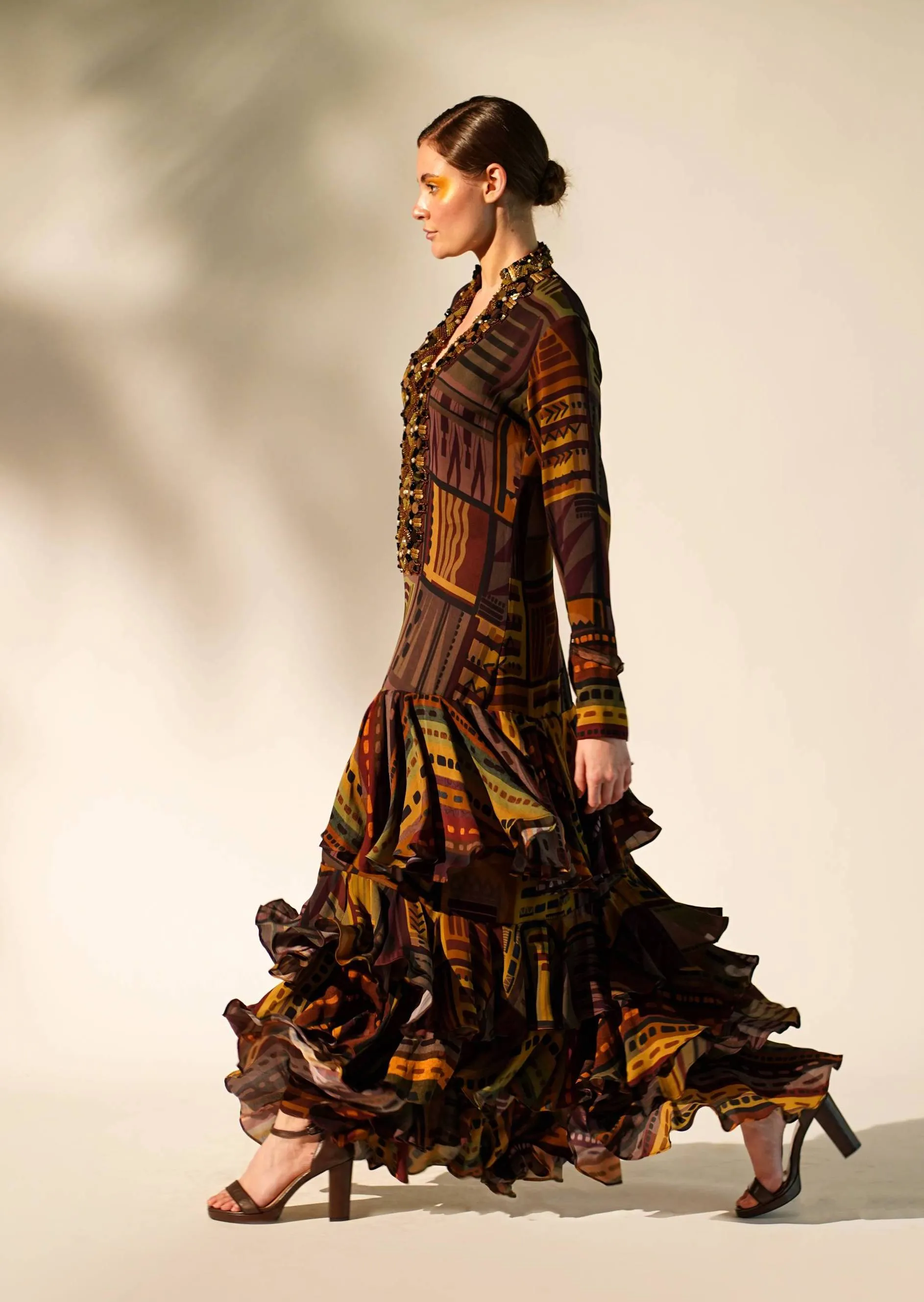 Multicolour printed tiered maxi dress