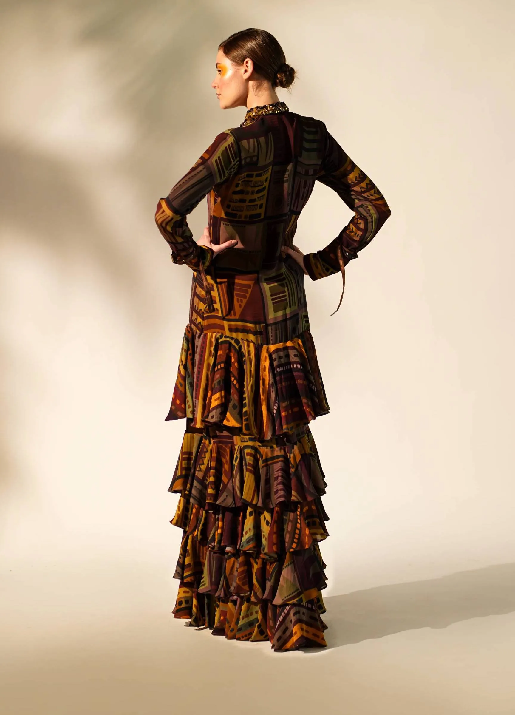 Multicolour printed tiered maxi dress