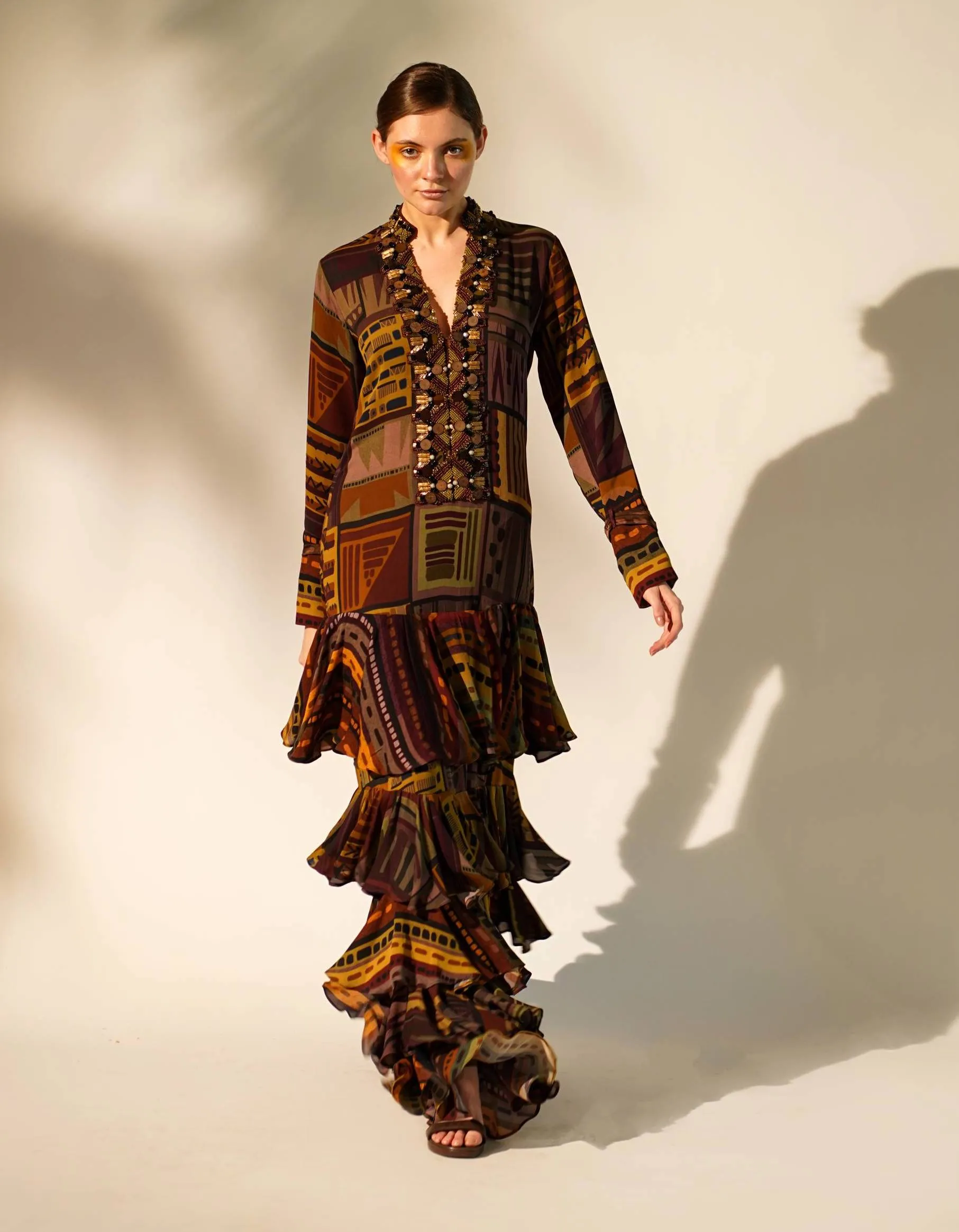 Multicolour printed tiered maxi dress