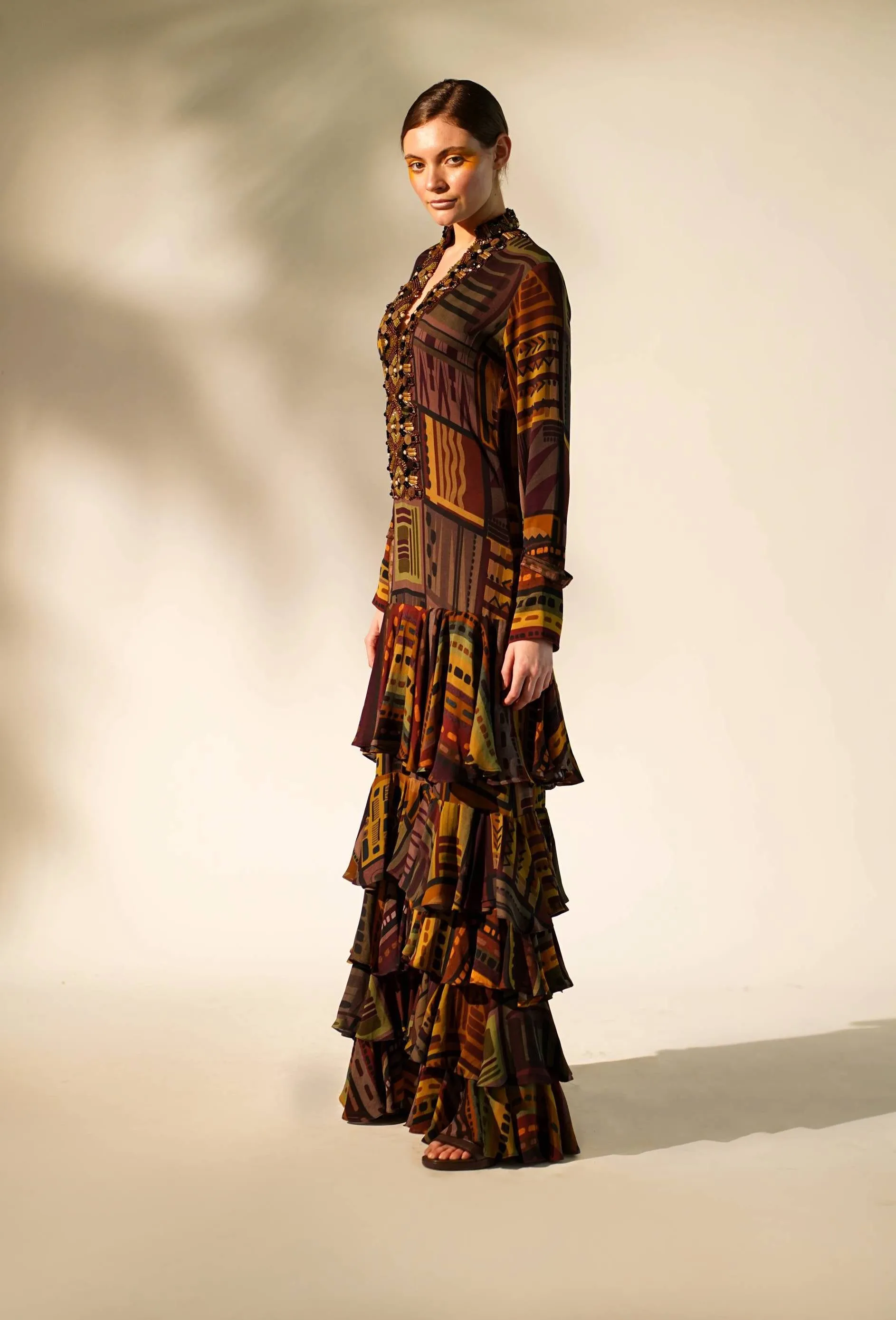 Multicolour printed tiered maxi dress