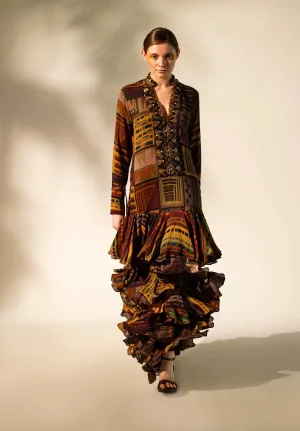 Multicolour printed tiered maxi dress