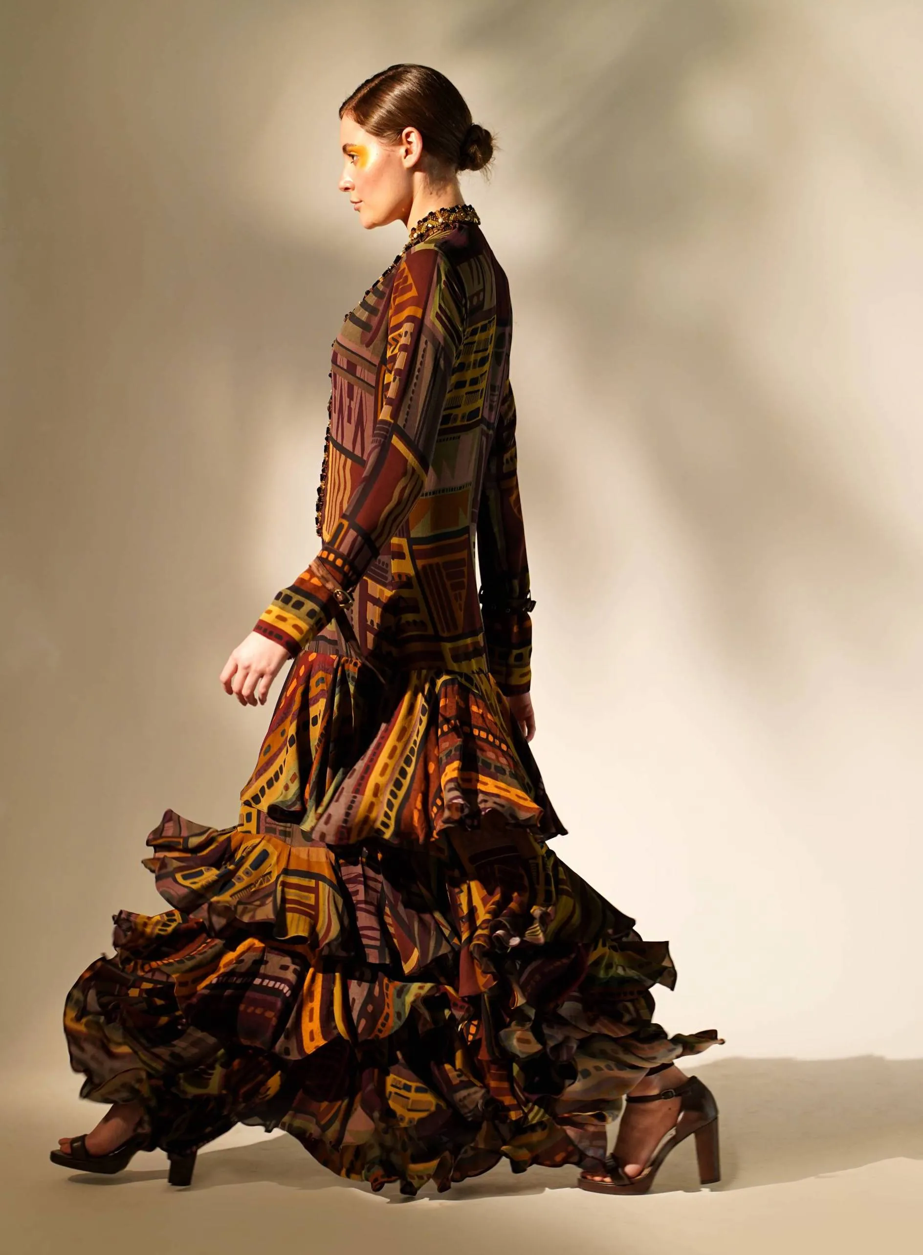 Multicolour printed tiered maxi dress