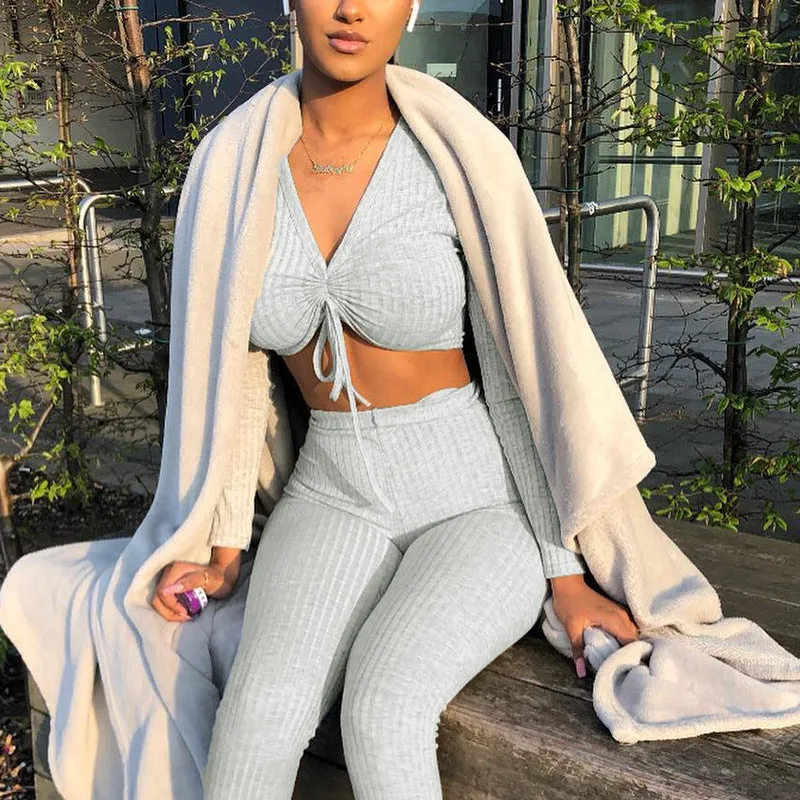Navel V-neck Tights Casual Trousers Knitted Sports Suit