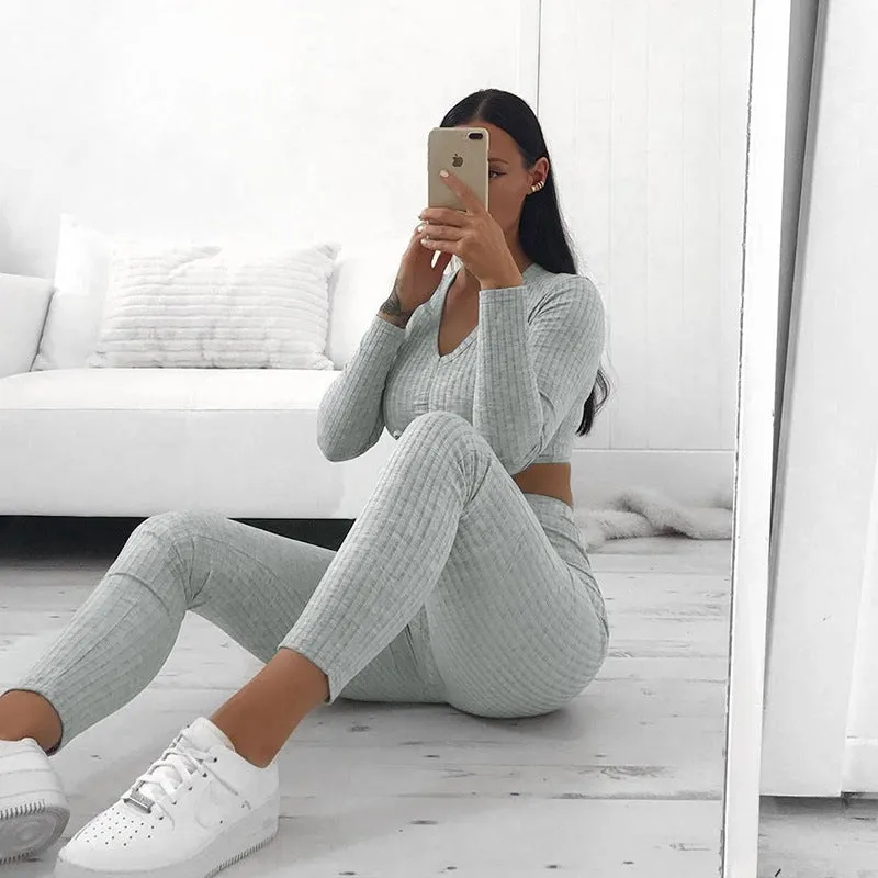 Navel V-neck Tights Casual Trousers Knitted Sports Suit