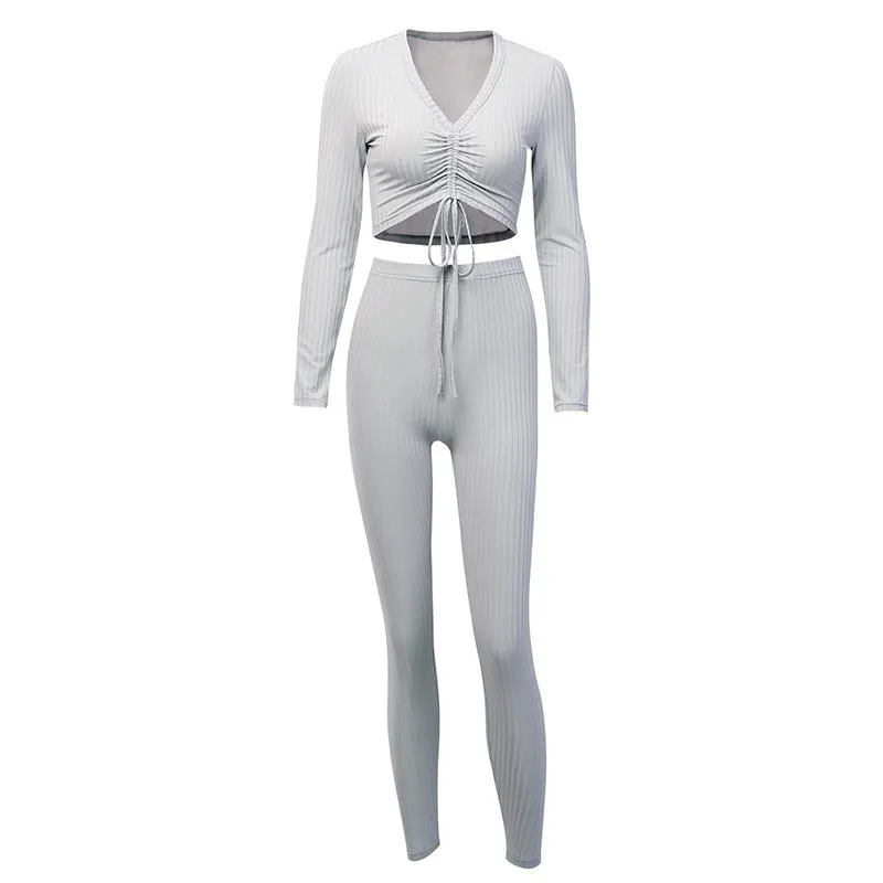 Navel V-neck Tights Casual Trousers Knitted Sports Suit