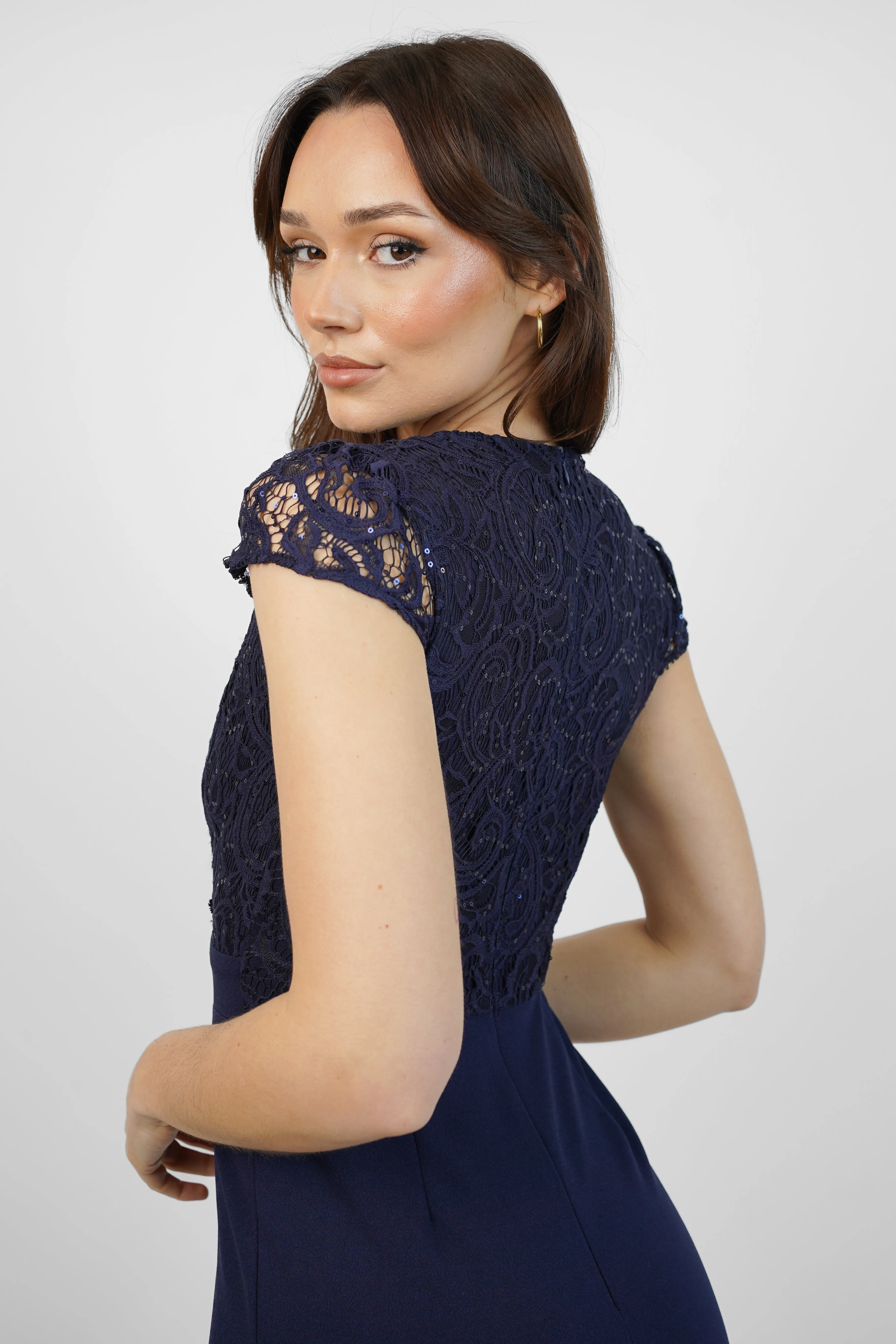 Navy Sequin Lace Maxi Dress with Slit