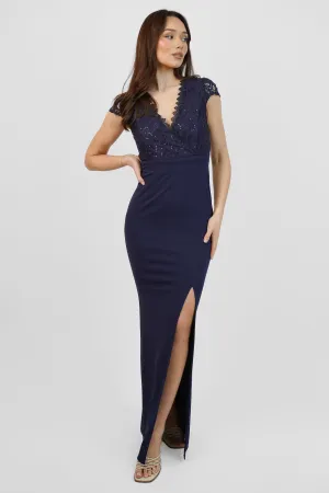 Navy Sequin Lace Maxi Dress with Slit