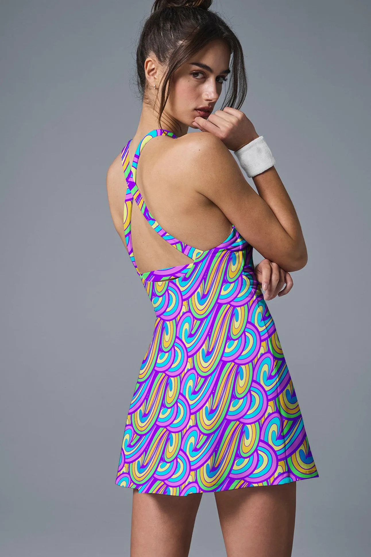 Neon Swirl PowerDress – Women's Sleeveless Activewear Tennis Dress for Pickleball, Golf & Summer Sports