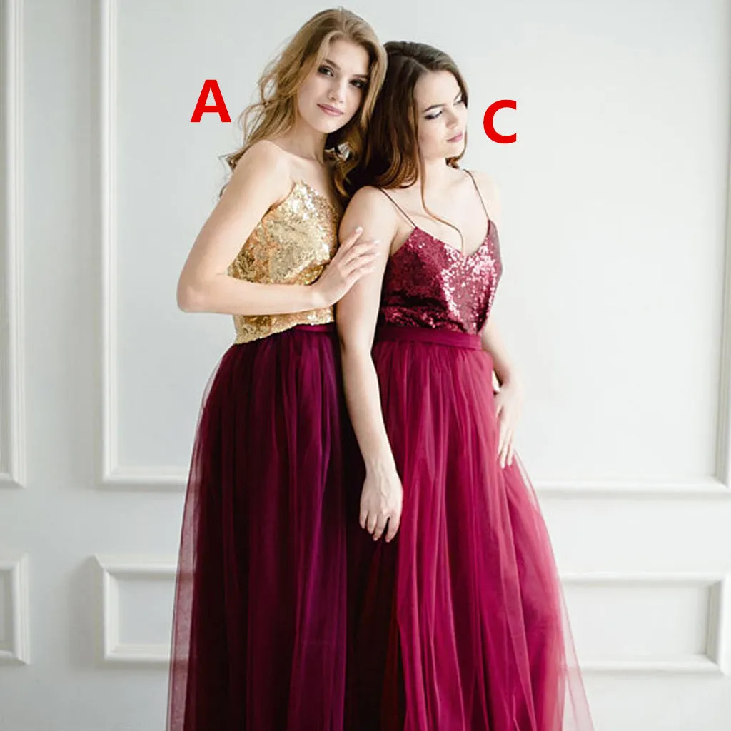 Newest Sequin Top A-Line Two Pieces Tulle Mismatched Bridesmaid Dresses, D1181