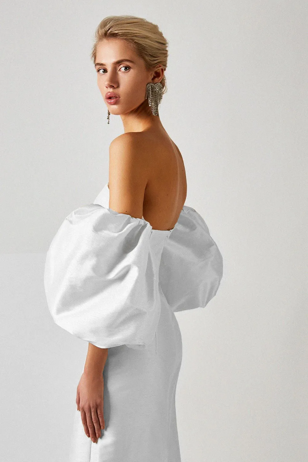 Off Shoulder Backless Puff Sleeves Midi Dress