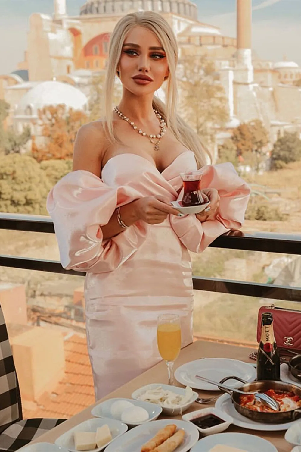 Off Shoulder Backless Puff Sleeves Midi Dress