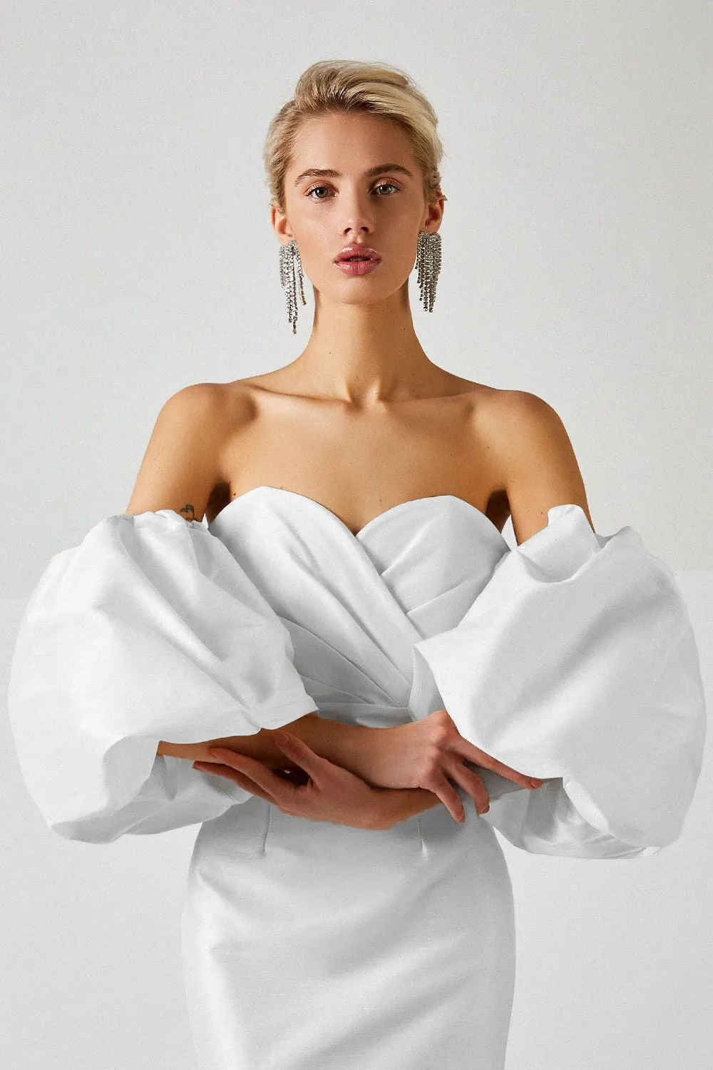 Off Shoulder Backless Puff Sleeves Midi Dress