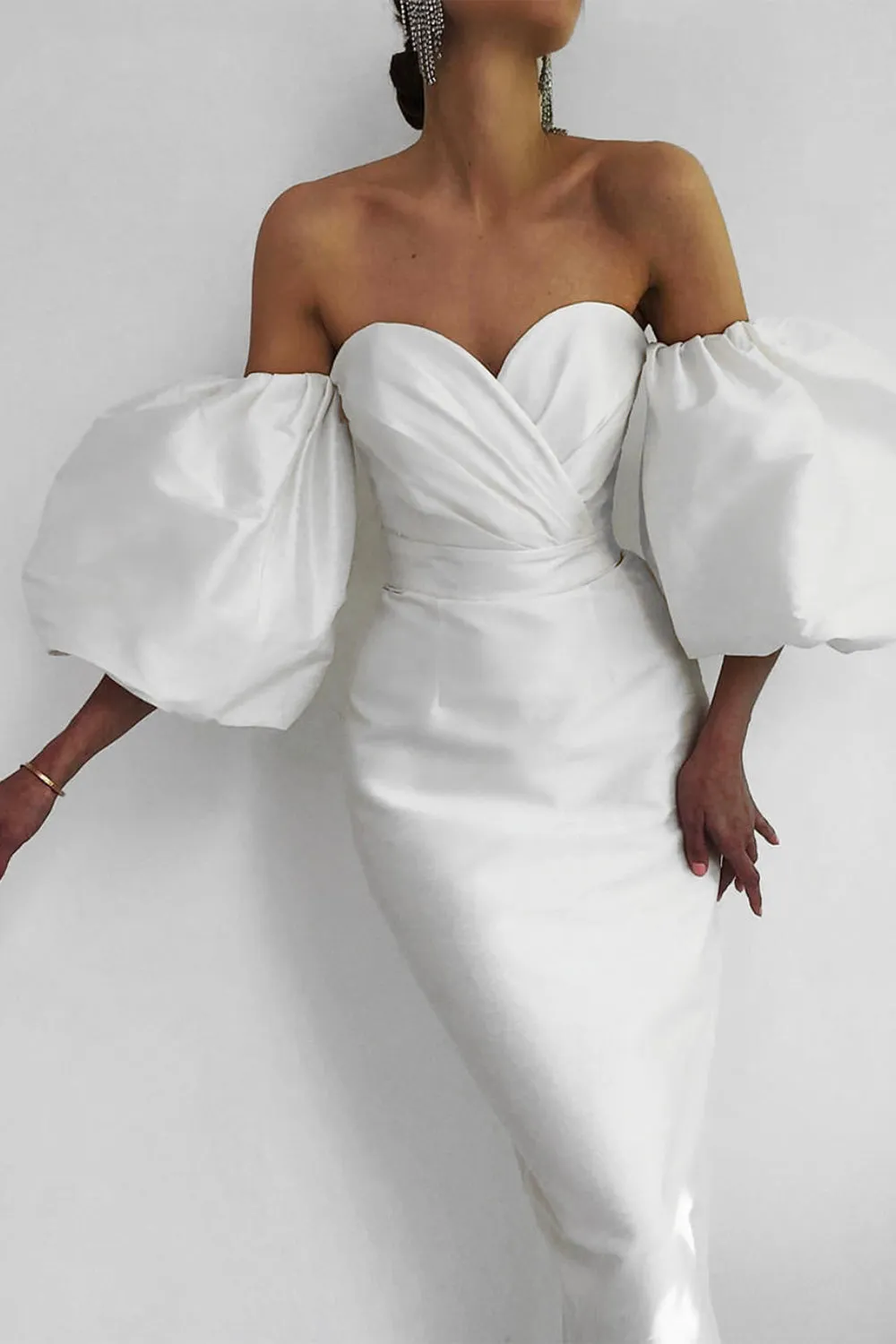 Off Shoulder Backless Puff Sleeves Midi Dress