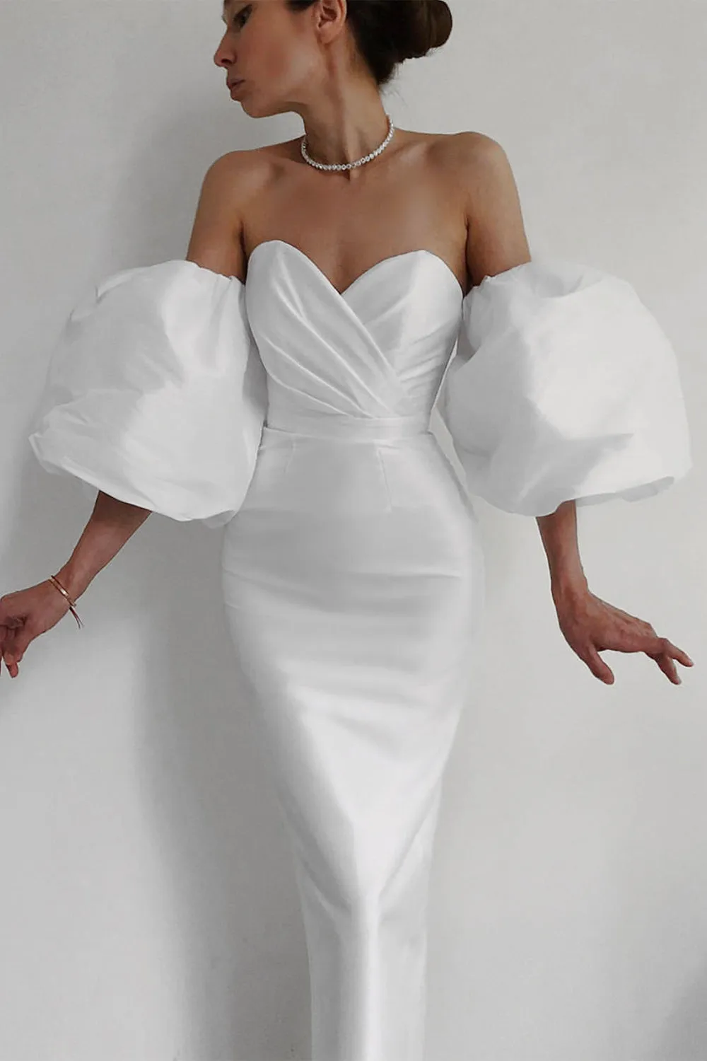 Off Shoulder Backless Puff Sleeves Midi Dress