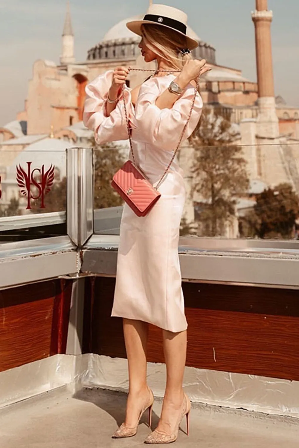Off Shoulder Backless Puff Sleeves Midi Dress
