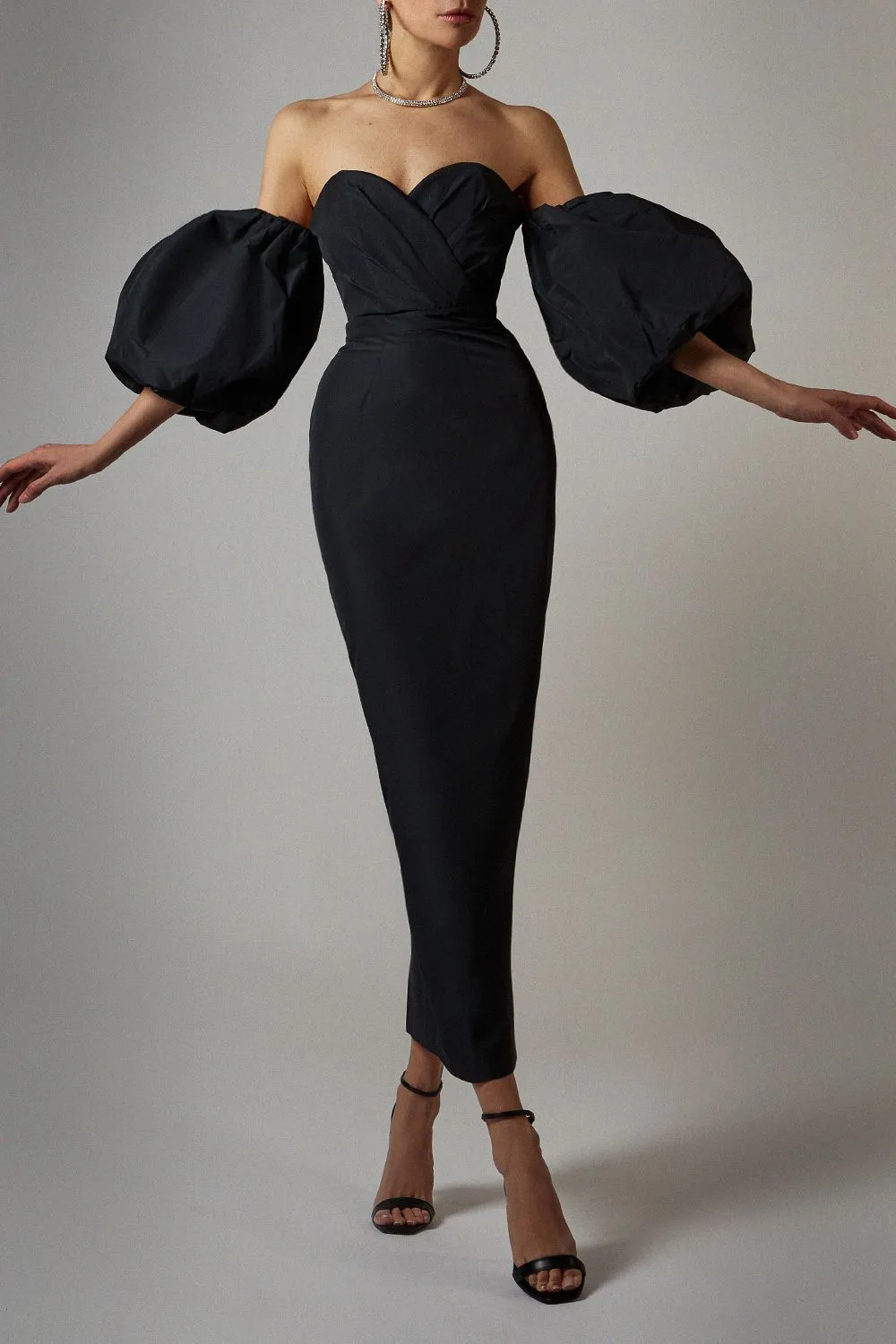 Off Shoulder Backless Puff Sleeves Midi Dress
