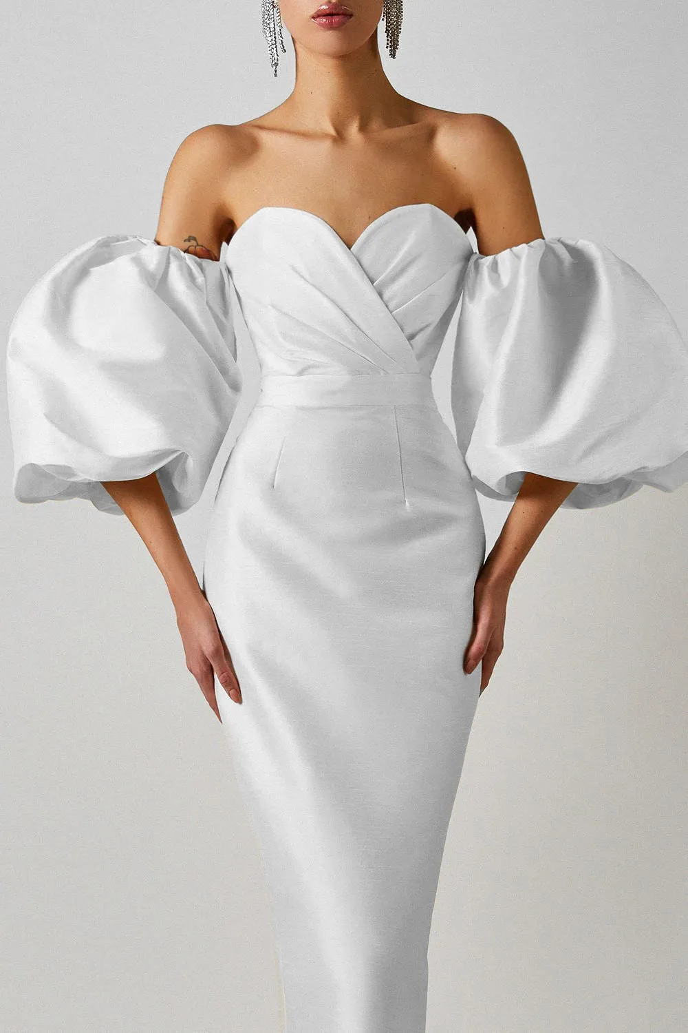 Off Shoulder Backless Puff Sleeves Midi Dress