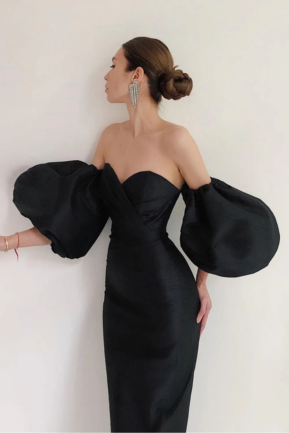 Off Shoulder Backless Puff Sleeves Midi Dress