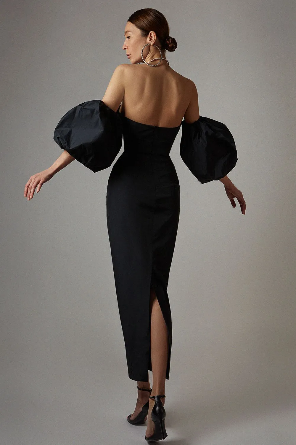 Off Shoulder Backless Puff Sleeves Midi Dress