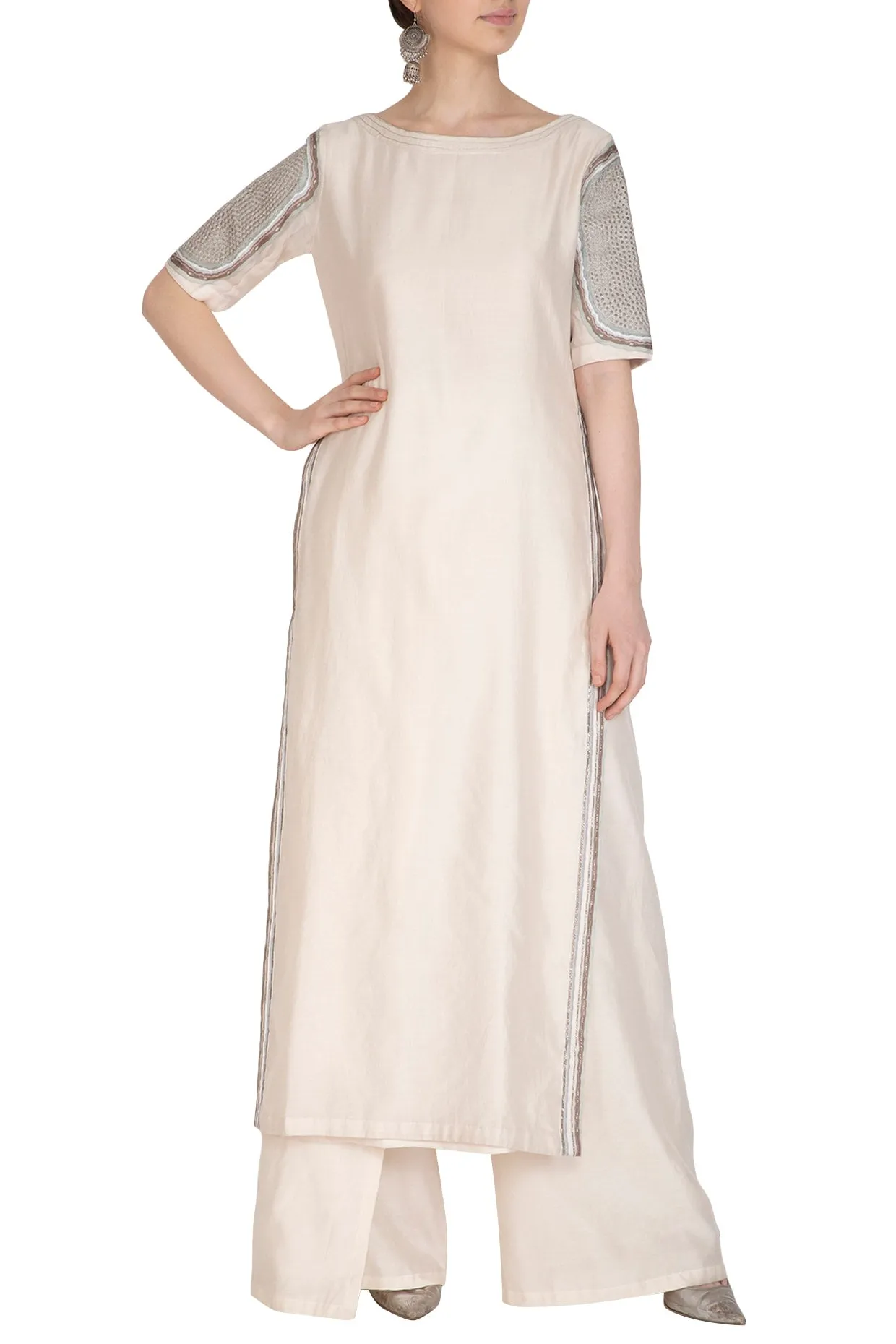 Off White Embroidered Kurta With Palazzo Pants