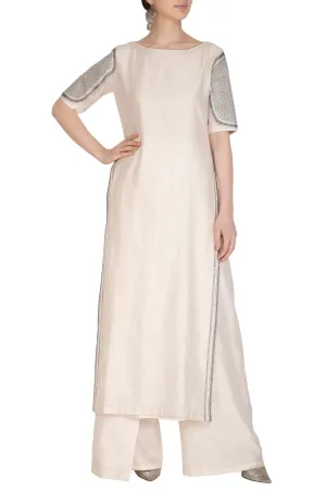 Off White Embroidered Kurta With Palazzo Pants