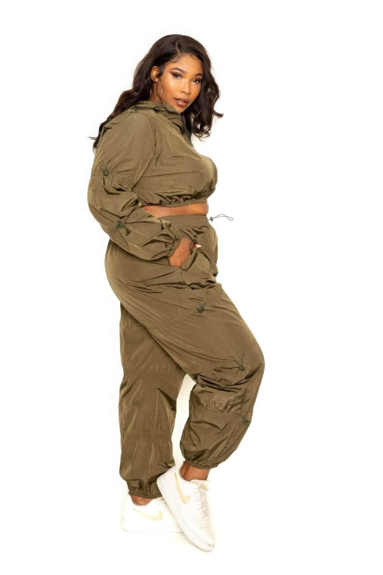 Olive Active Zip Up Set with Cord Lock Detail