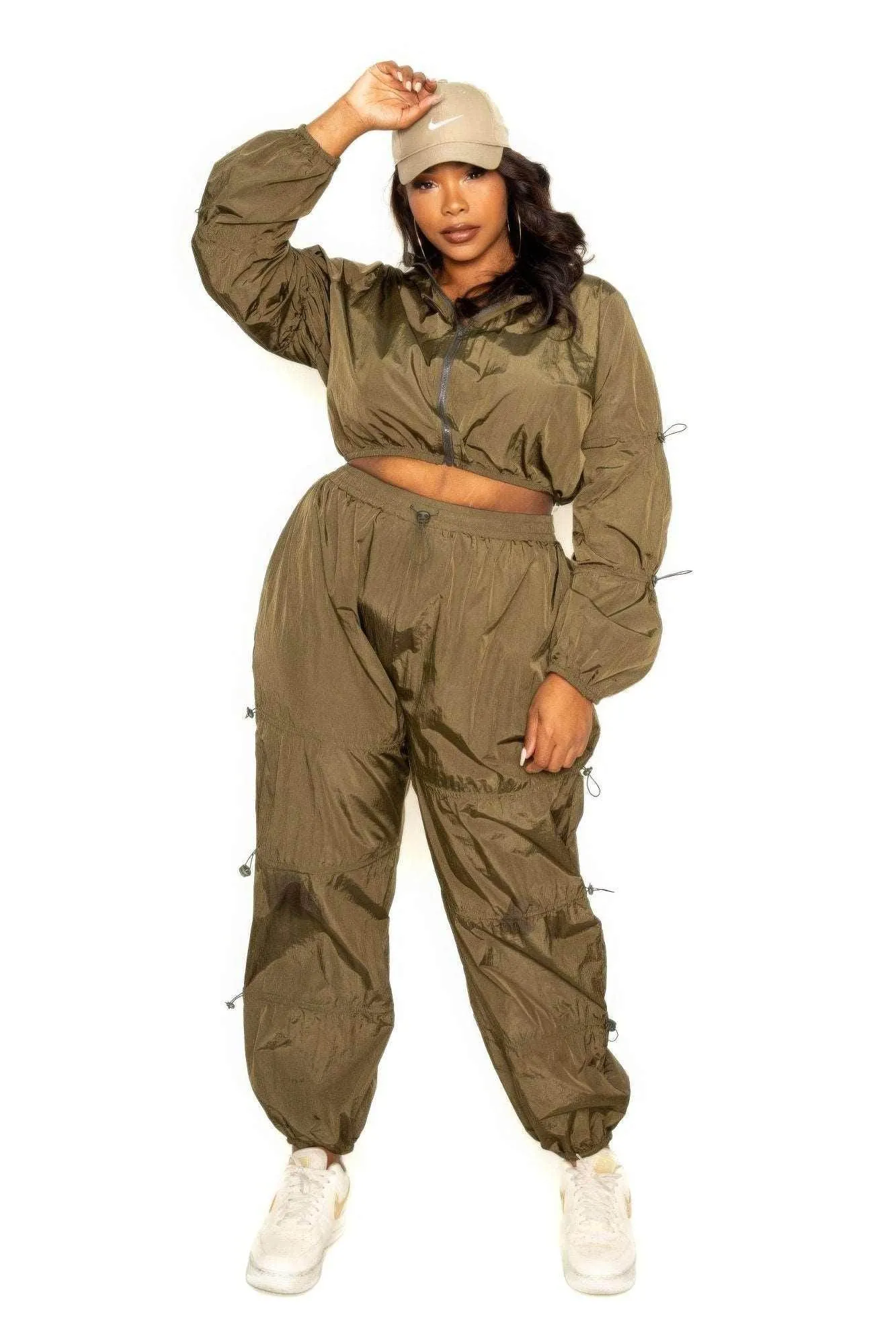 Olive Active Zip Up Set with Cord Lock Detail