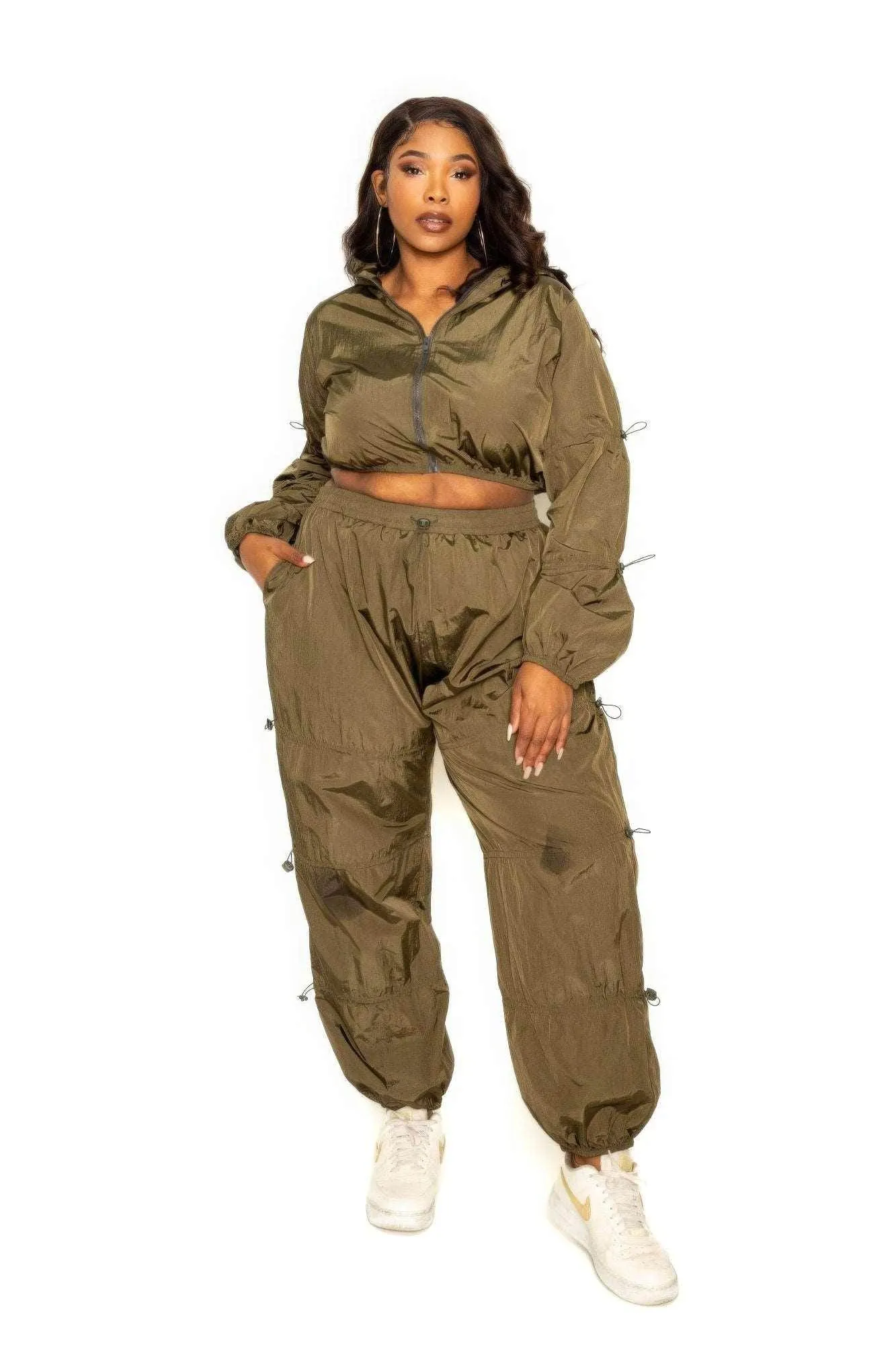 Olive Active Zip Up Set with Cord Lock Detail