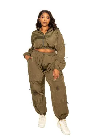 Olive Active Zip Up Set with Cord Lock Detail