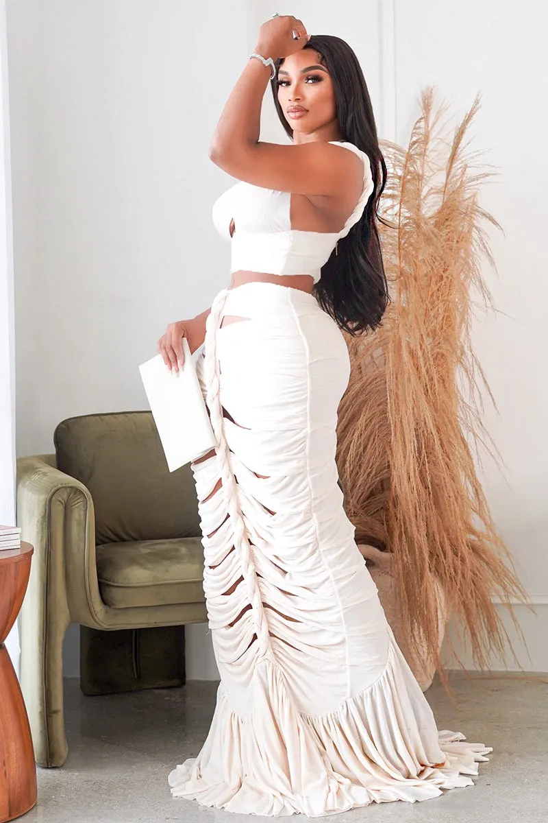 One Shoulder Crop Top Twisted Cutout Ruched Ruffle Hem Maxi Skirt White Slim Matching Sets