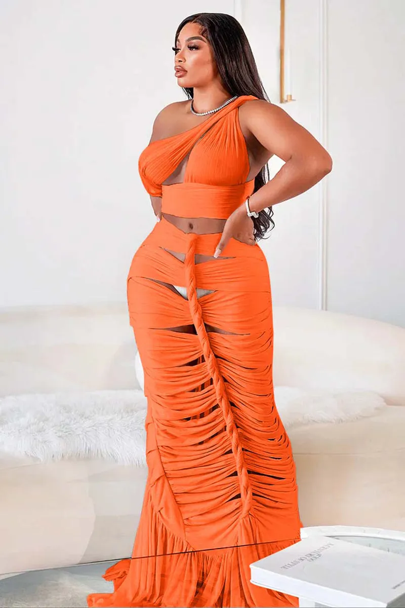 One Shoulder Crop Top Twisted Cutout Ruched Ruffle Hem Maxi Skirt White Slim Matching Sets