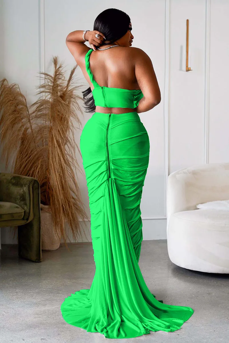 One Shoulder Crop Top Twisted Cutout Ruched Ruffle Hem Maxi Skirt White Slim Matching Sets