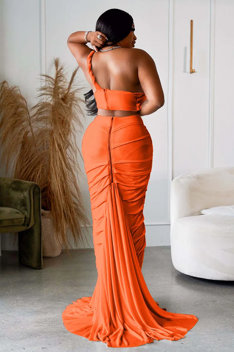 One Shoulder Crop Top Twisted Cutout Ruched Ruffle Hem Maxi Skirt White Slim Matching Sets