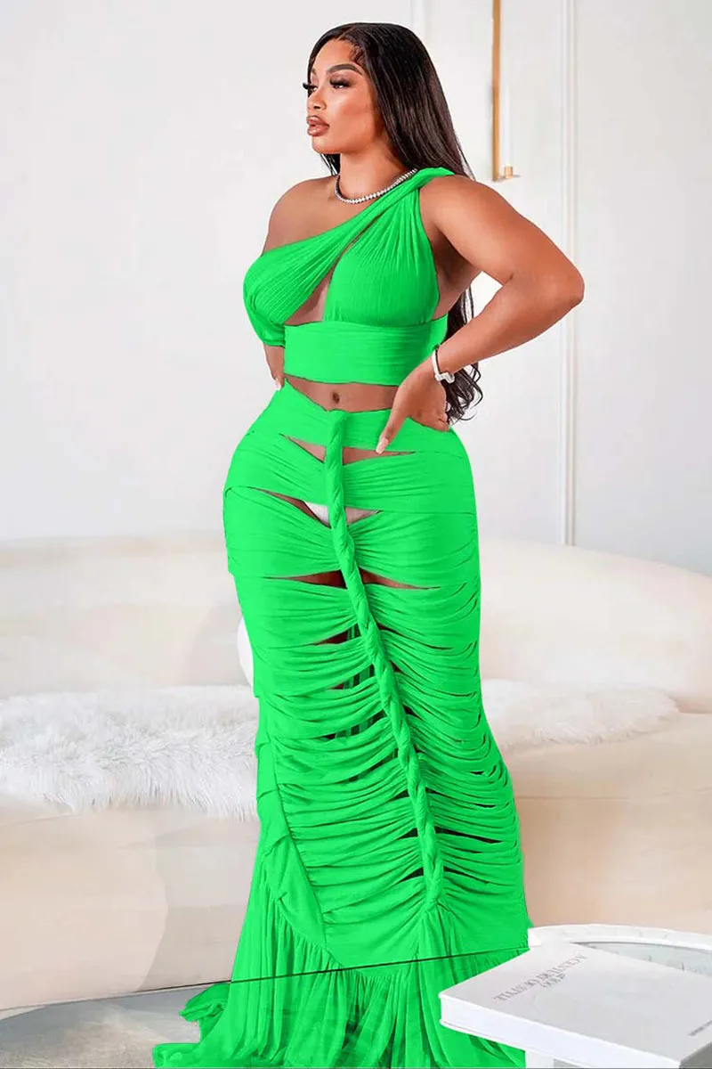 One Shoulder Crop Top Twisted Cutout Ruched Ruffle Hem Maxi Skirt White Slim Matching Sets