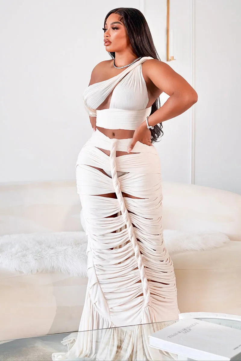 One Shoulder Crop Top Twisted Cutout Ruched Ruffle Hem Maxi Skirt White Slim Matching Sets