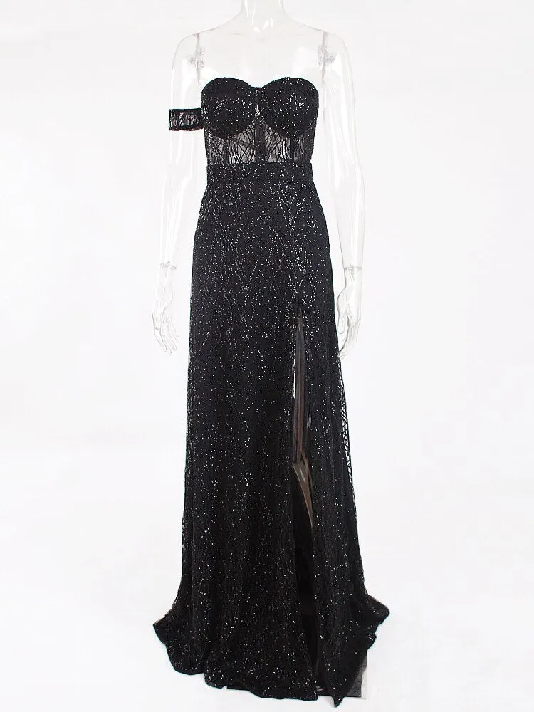 One Sleeve Strapless Split Leg Dress