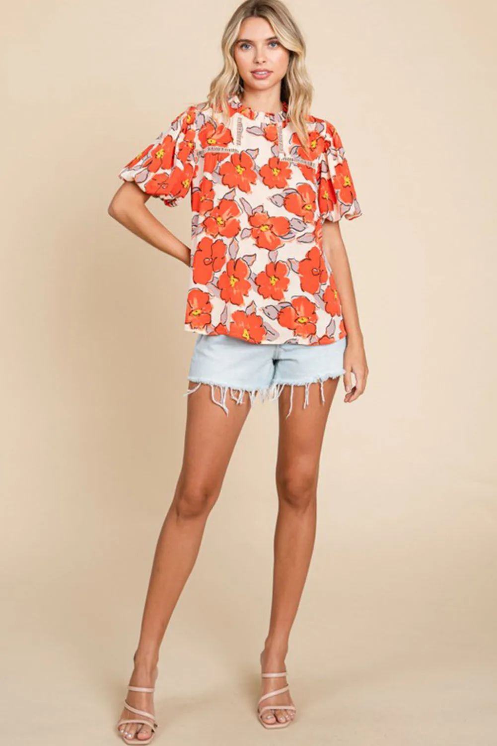 Orange Floral Bubble Sleeve Frill Neck Hollowed Blouse