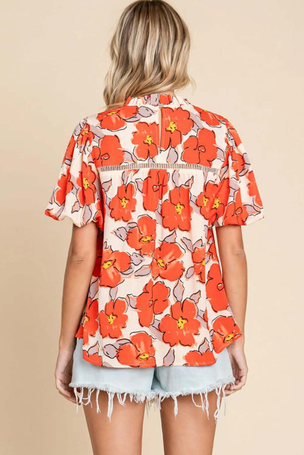 Orange Floral Bubble Sleeve Frill Neck Hollowed Blouse